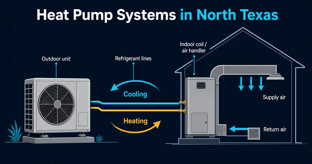 Diagram of a residential heat pump: outdoor unit connected by refrigerant lines to an indoor air handler, with supply and return airflow through the house and arrows showing reversible heating and cooling operation.